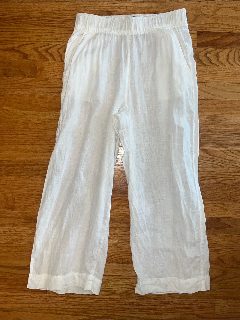 Tahari white linen cropped wide leg pants